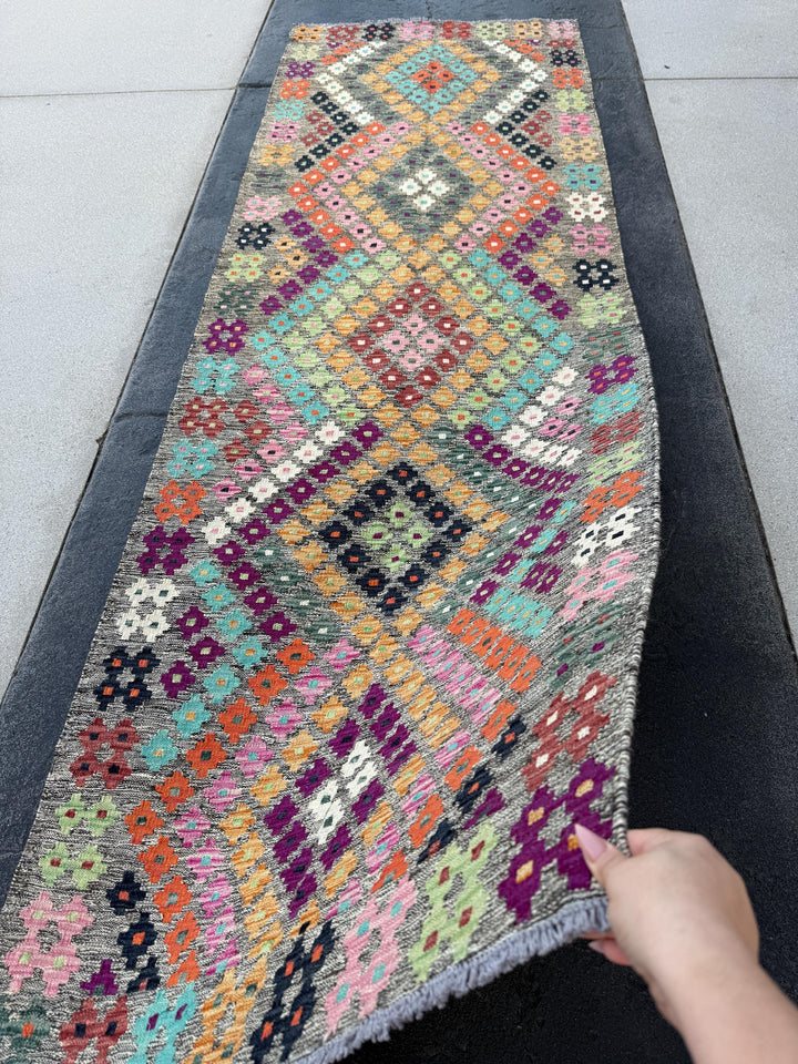 3x10 Handmade Afghan Kilim Rug | Grey White Ivory Turquoise Aquamarine Blue Sage Mint Green Black Orange Plum Maroon Brick Baby Pink Saffron