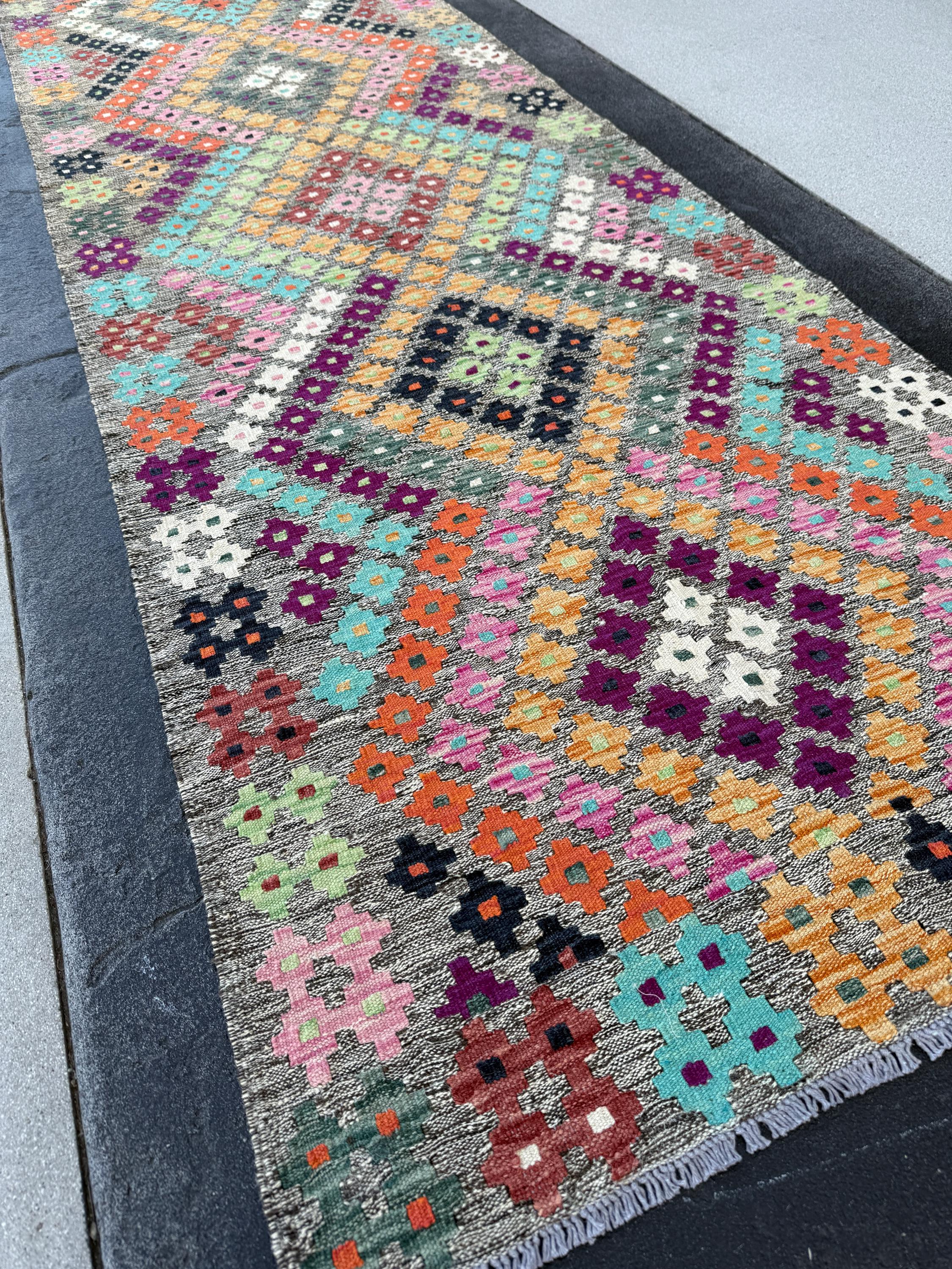 3x10 Handmade Afghan Kilim Rug | Grey White Ivory Turquoise Aquamarine Blue Sage Mint Green Black Orange Plum Maroon Brick Baby Pink Saffron