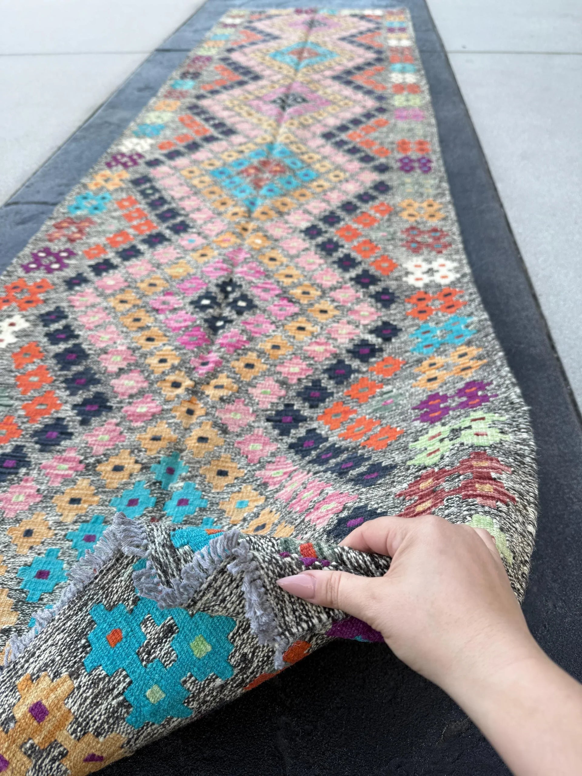 3x12 Handmade Afghan Kilim Rug | Grey Black Plum Eggplant Purple Baby Rose Pink Teal Aqua Peach Orange White Brick Maroon Red Mint Green