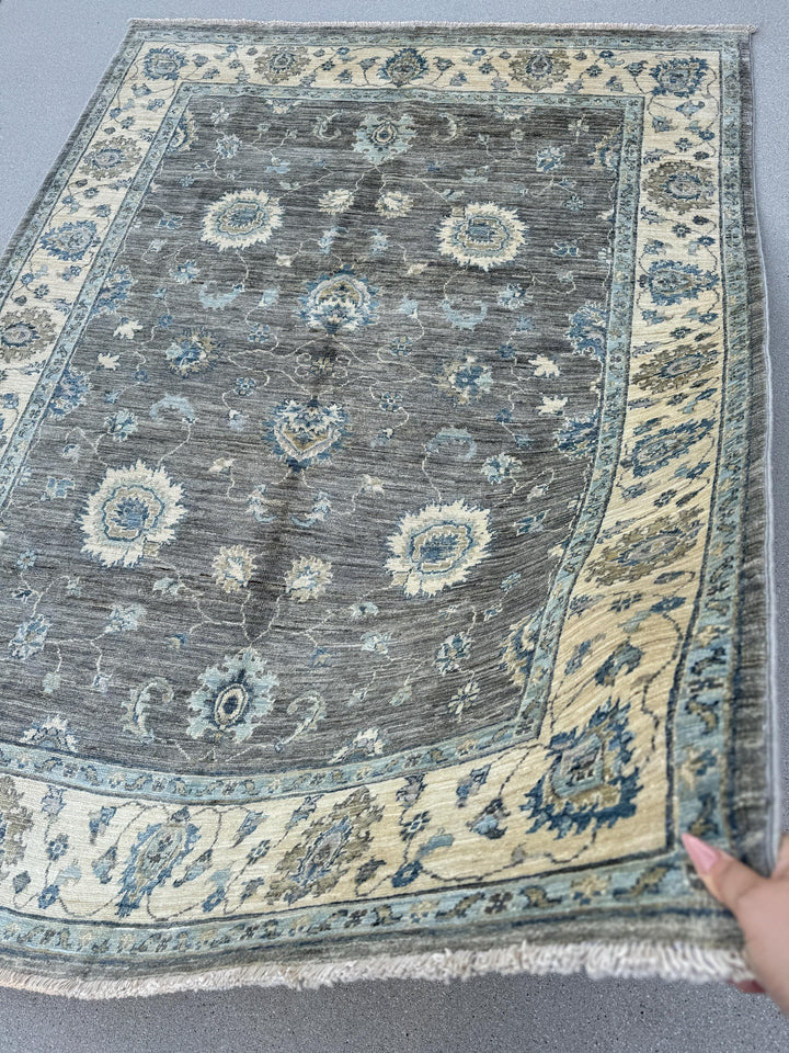 5x7 (152x213) Hand Knotted Afghan Rug | Grey Cream Beige Denim Powder Blue White Tan Taupe | Wool Floral Persian Dorm Room Apartment