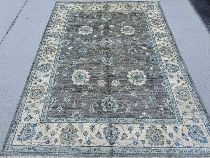 5x7 (152x213) Hand Knotted Afghan Rug | Grey Cream Beige Denim Powder Blue White Tan Taupe | Wool Floral Persian Dorm Room Apartment