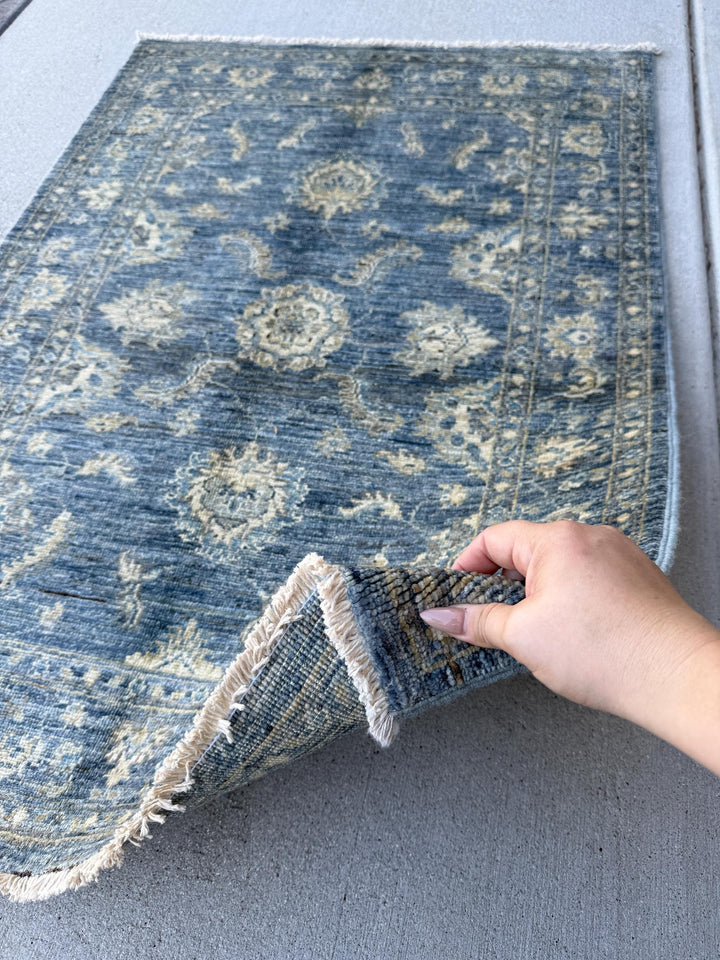 3x4 Handmade Afghan Rug | Denim Prussian Blue Ivory Cream Beige Grey Gray Taupe Gold | Wool Handknotted Persian Boho Handwoven Traditional