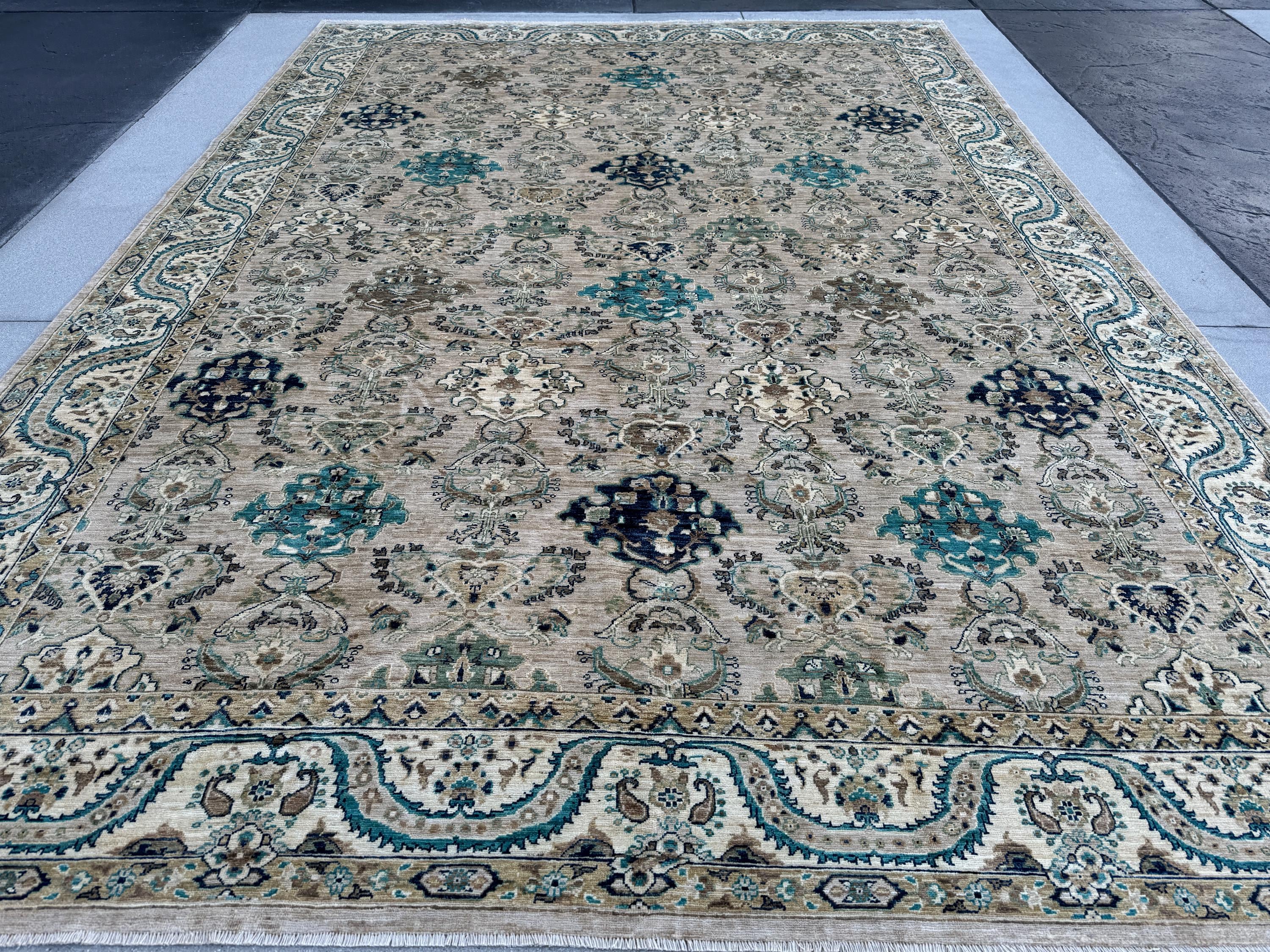 10x14 (305x427) Handmade Afghan Area Rug | Tan Cream Beige Taupe Black Midnight Blue Teal Grey Terracotta Brown Moss Green | Wool Floral