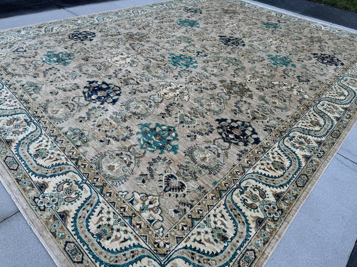 10x14 (305x427) Handmade Afghan Area Rug | Tan Cream Beige Taupe Black Midnight Blue Teal Grey Terracotta Brown Moss Green | Wool Floral