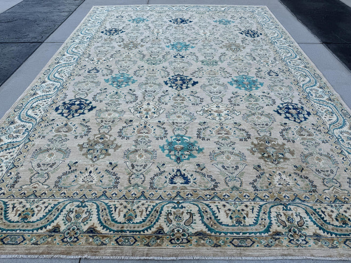 10x14 (305x427) Handmade Afghan Area Rug | Tan Cream Beige Taupe Black Midnight Blue Teal Grey Terracotta Brown Moss Green | Wool Floral