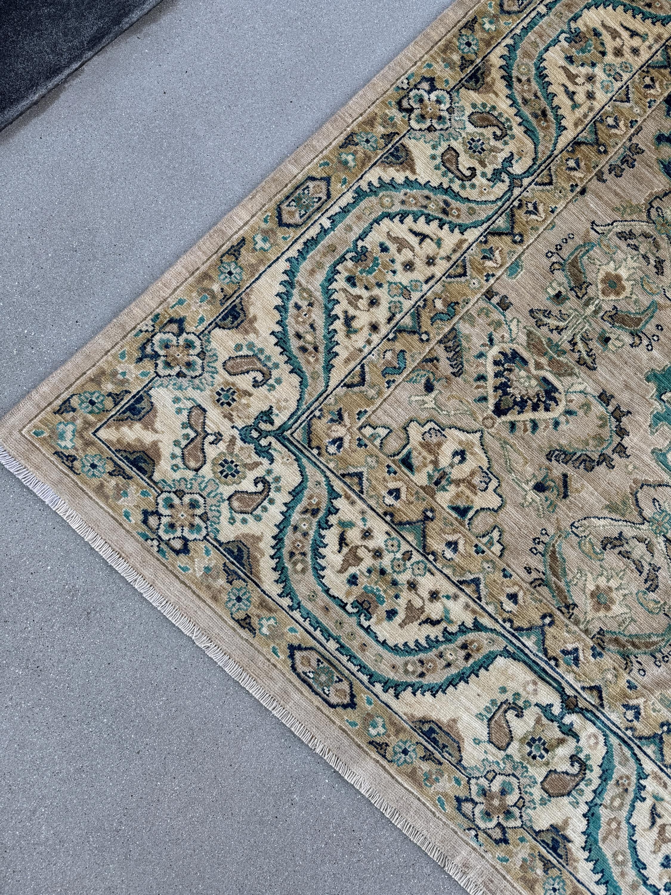 10x14 (305x427) Handmade Afghan Area Rug | Tan Cream Beige Taupe Black Midnight Blue Teal Grey Terracotta Brown Moss Green | Wool Floral