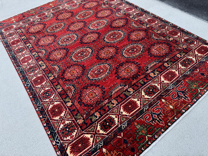 6x8-9 (183x259) Hand Knotted Afghan Rug | Crimson Blood Red Cream Ivory Forest Green Burnt Terracotta Orange Midnight Blue | Wool Geometric