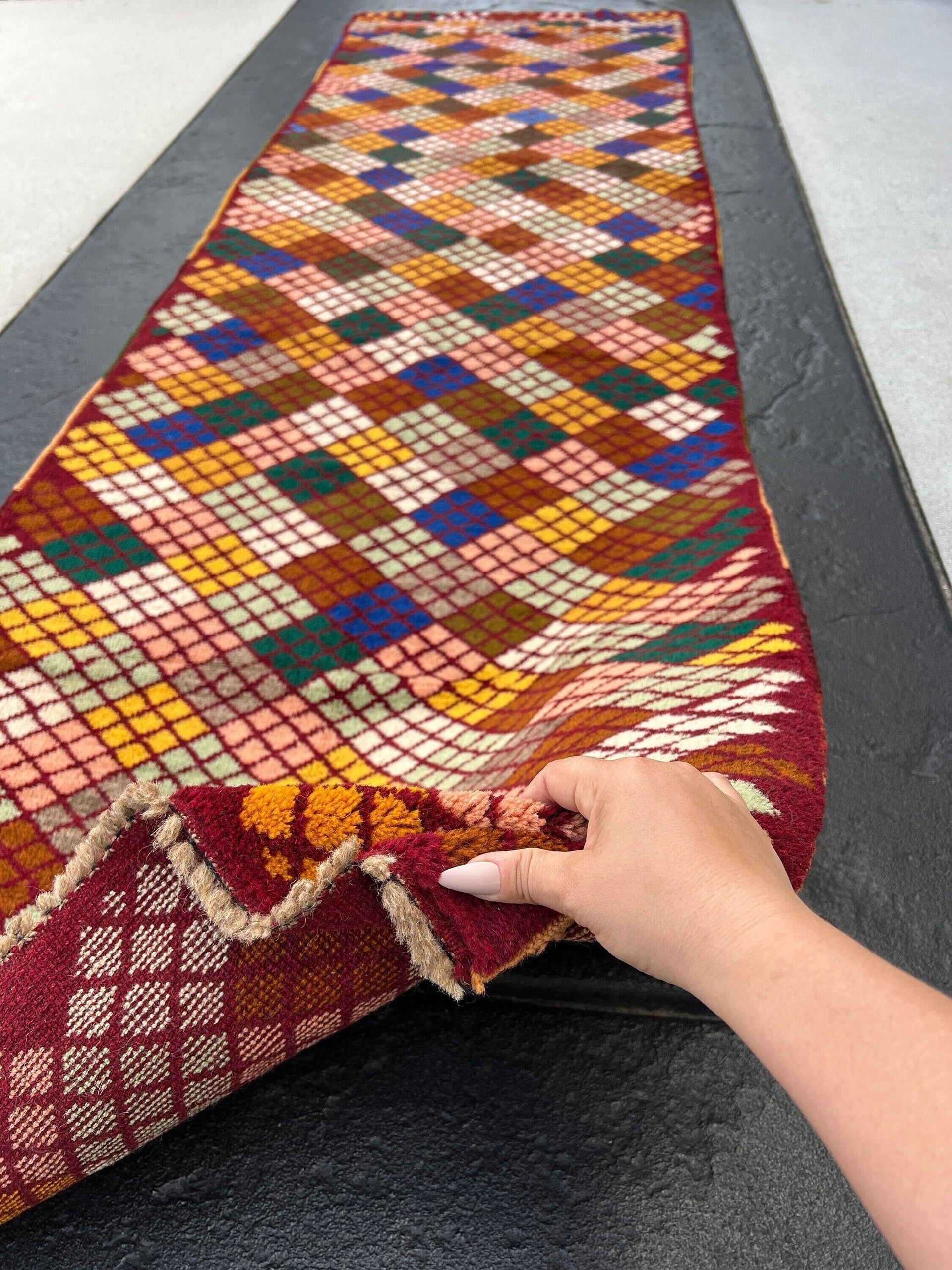 3x10 (90x305) Handmade Vintage Baluch Afghan Runner Rug Brick Red Blue Olive Forest Chocolate Gold Mustard Ivory Grey Salmon Pink Turquoise