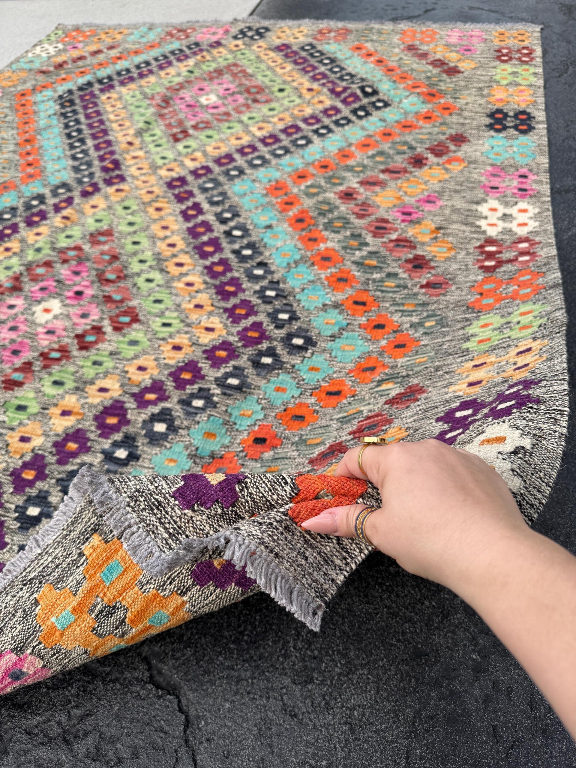 5x6 Handmade Afghan Kilim Rug | Grey Taupe Cream Sage Lime Green Teal Turquoise Aqua Blue Peach Saffron Eggplant Purple Brick Red Black