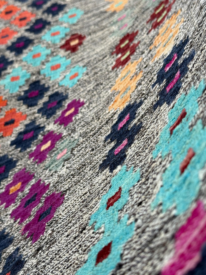 6x8 Handmade Afghan Kilim Rug Grey Orange Peach Black Midnight Blue Fuchsia Pink Eggplant Purple Turquoise Aqua Blue Lime Green White Maroon