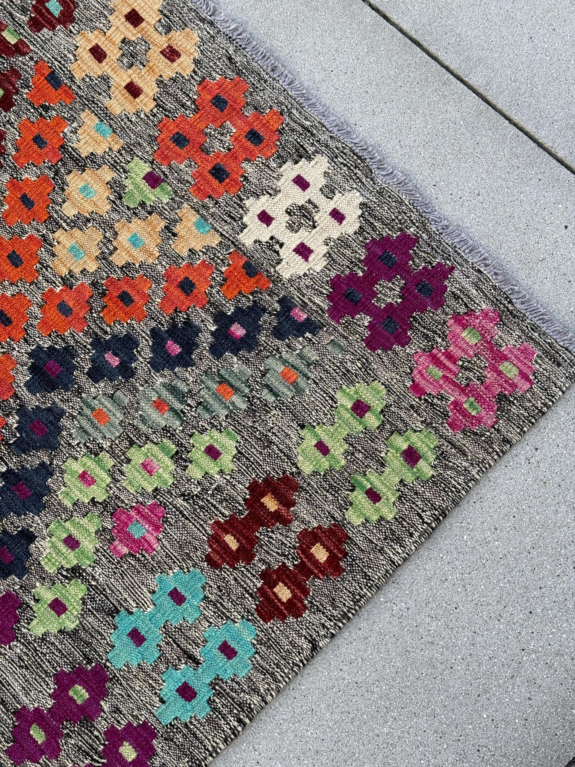 6x8 Handmade Afghan Kilim Rug Grey Orange Peach Black Midnight Blue Fuchsia Pink Eggplant Purple Turquoise Aqua Blue Lime Green White Maroon