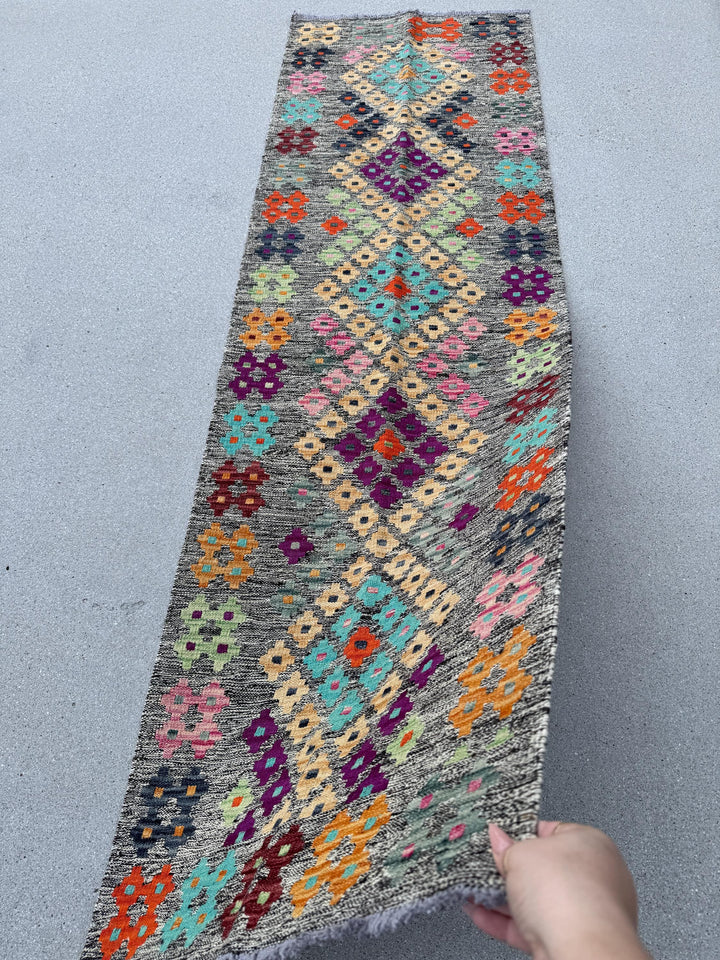 2x7 Handmade Afghan Kilim Runner Rug | Grey Taupe Cream Sage Lime Green Turquoise Aqua Blue Peach Saffron Eggplant Purple Brick Red Black