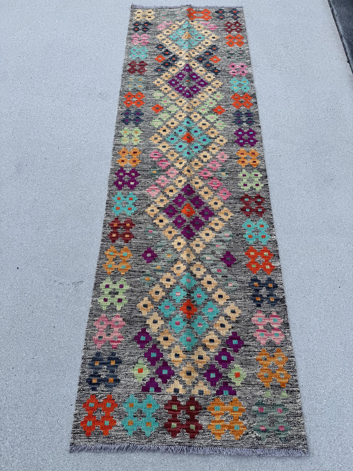 2x7 Handmade Afghan Kilim Runner Rug | Grey Taupe Cream Sage Lime Green Turquoise Aqua Blue Peach Saffron Eggplant Purple Brick Red Black