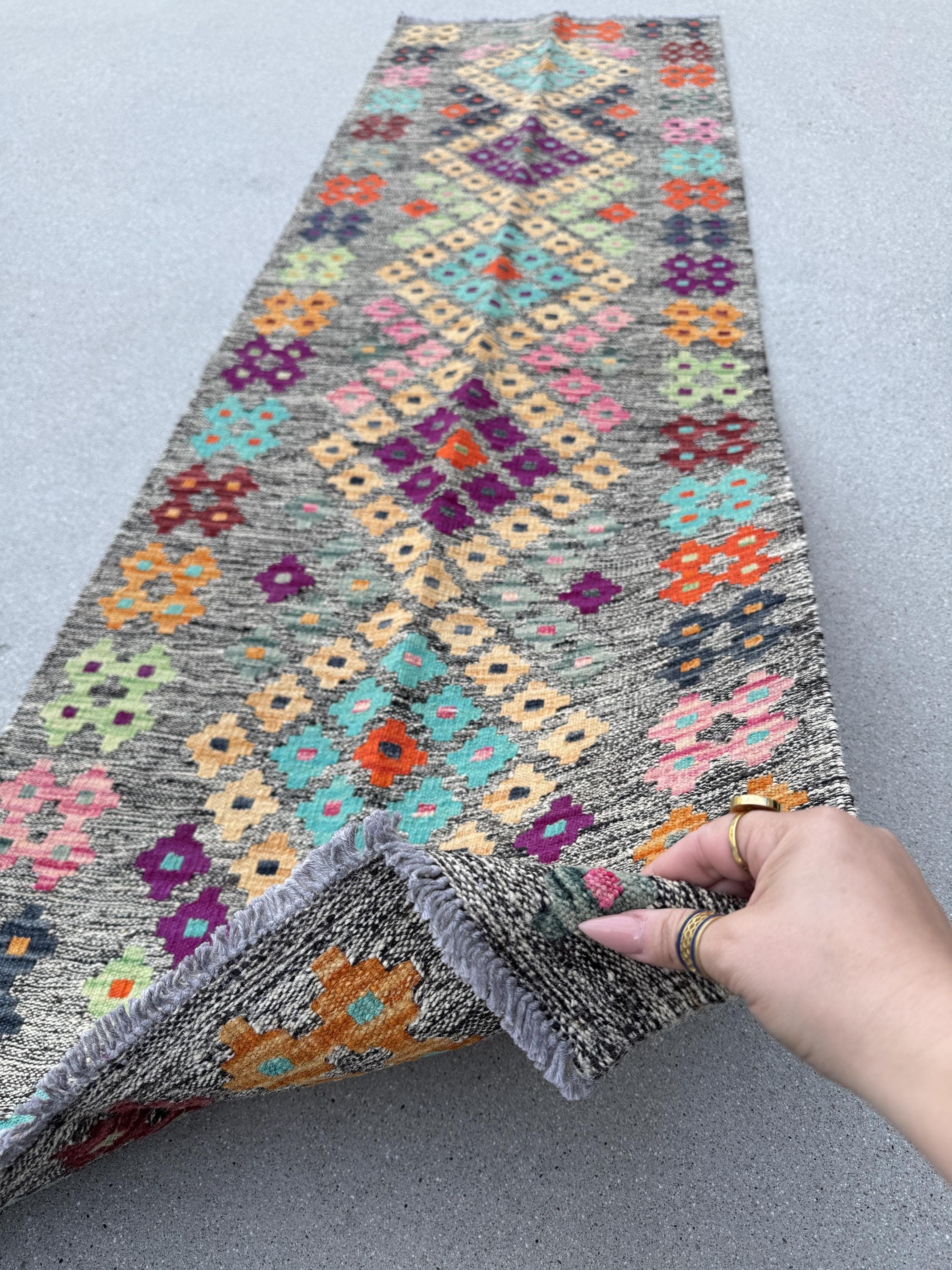 2x7 Handmade Afghan Kilim Runner Rug | Grey Taupe Cream Sage Lime Green Turquoise Aqua Blue Peach Saffron Eggplant Purple Brick Red Black