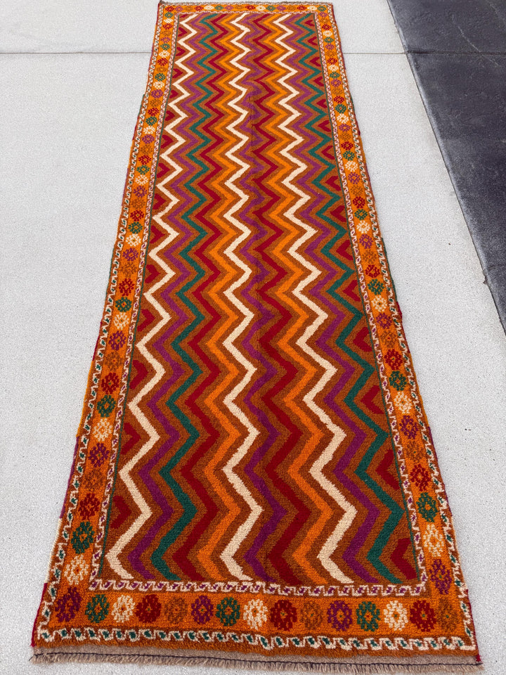 3x10 (91x304) Handmade Afghan Baluch Runner Rug | Burnt Rust Orange Crimson Red Plum Purple Forest Green Cream Ivory | Wool Plush Geometric