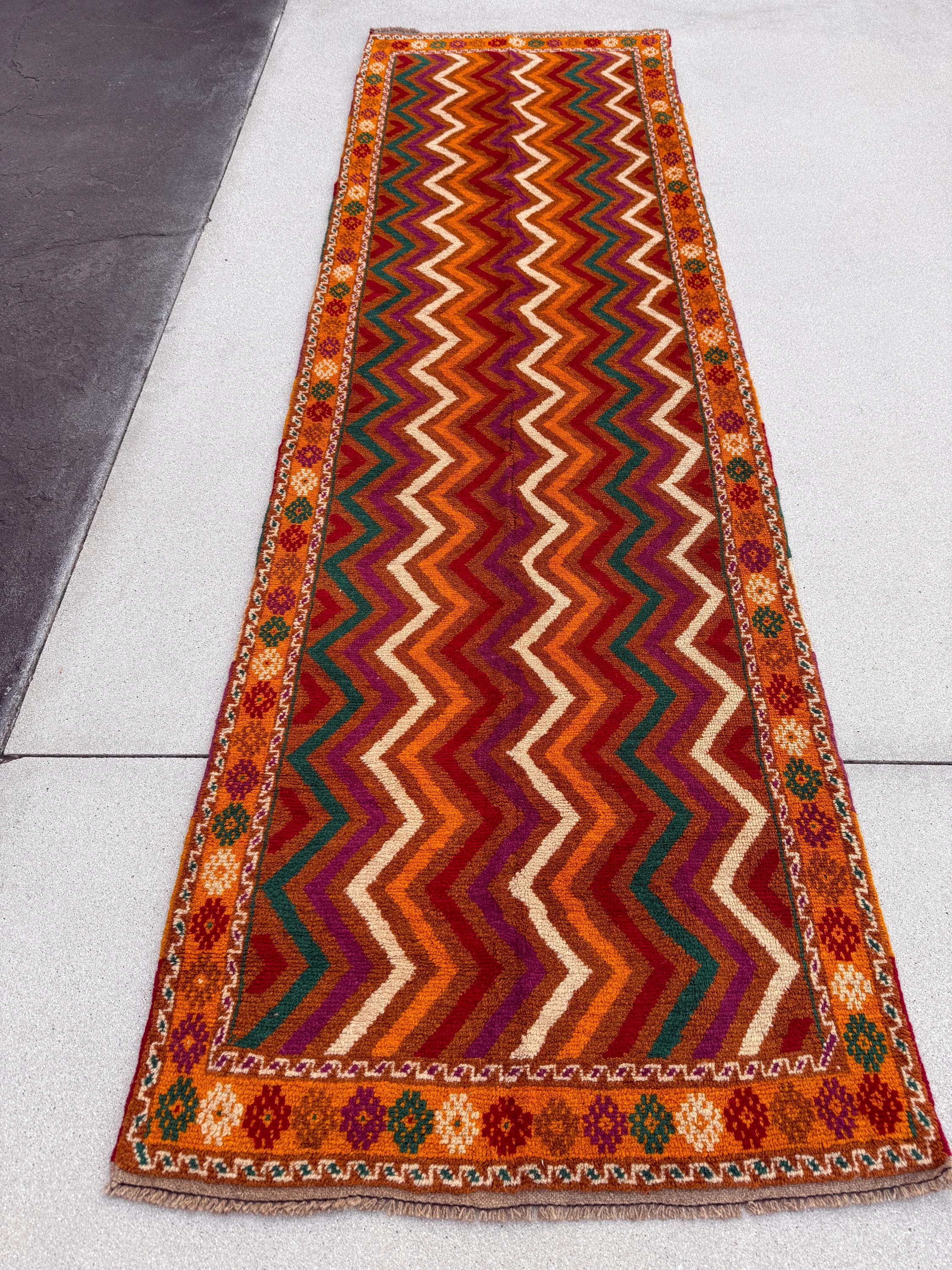 3x10 (91x304) Handmade Afghan Baluch Runner Rug | Burnt Rust Orange Crimson Red Plum Purple Forest Green Cream Ivory | Wool Plush Geometric