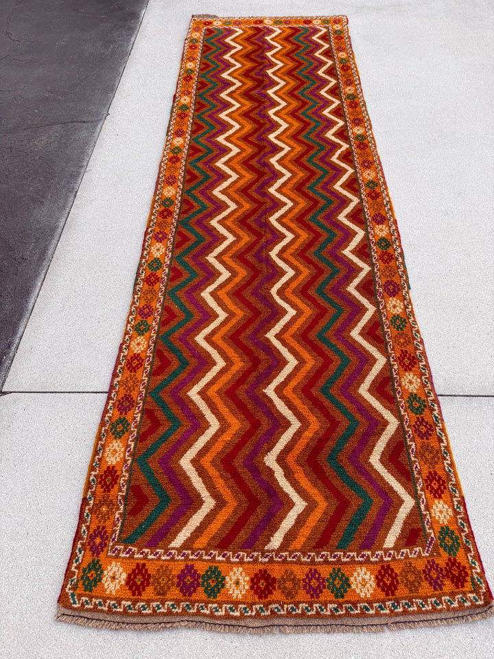 3x10 (91x304) Handmade Afghan Baluch Runner Rug | Burnt Rust Orange Crimson Red Plum Purple Forest Green Cream Ivory | Wool Plush Geometric