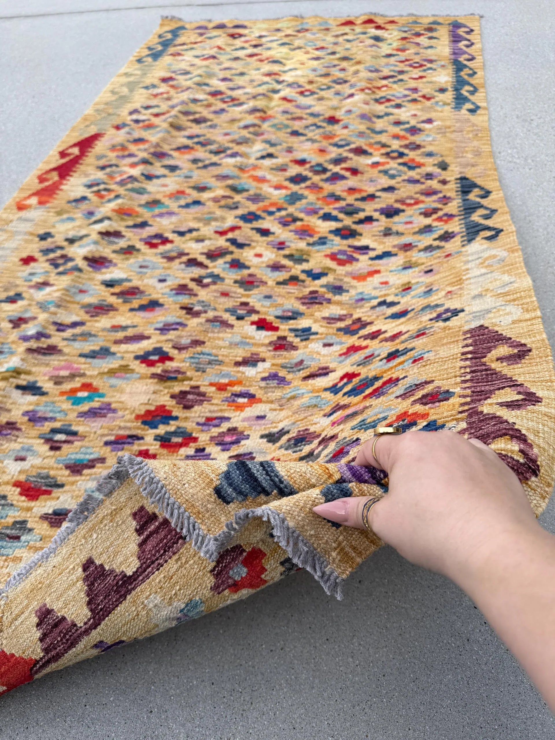 3x6 (106x205) Handmade Afghan Kilim Rug | Mustard Yellow Saffron Magenta Pink Eggplant Terracotta Brick Red Auburn Teal Sky Blue Grey Ivory