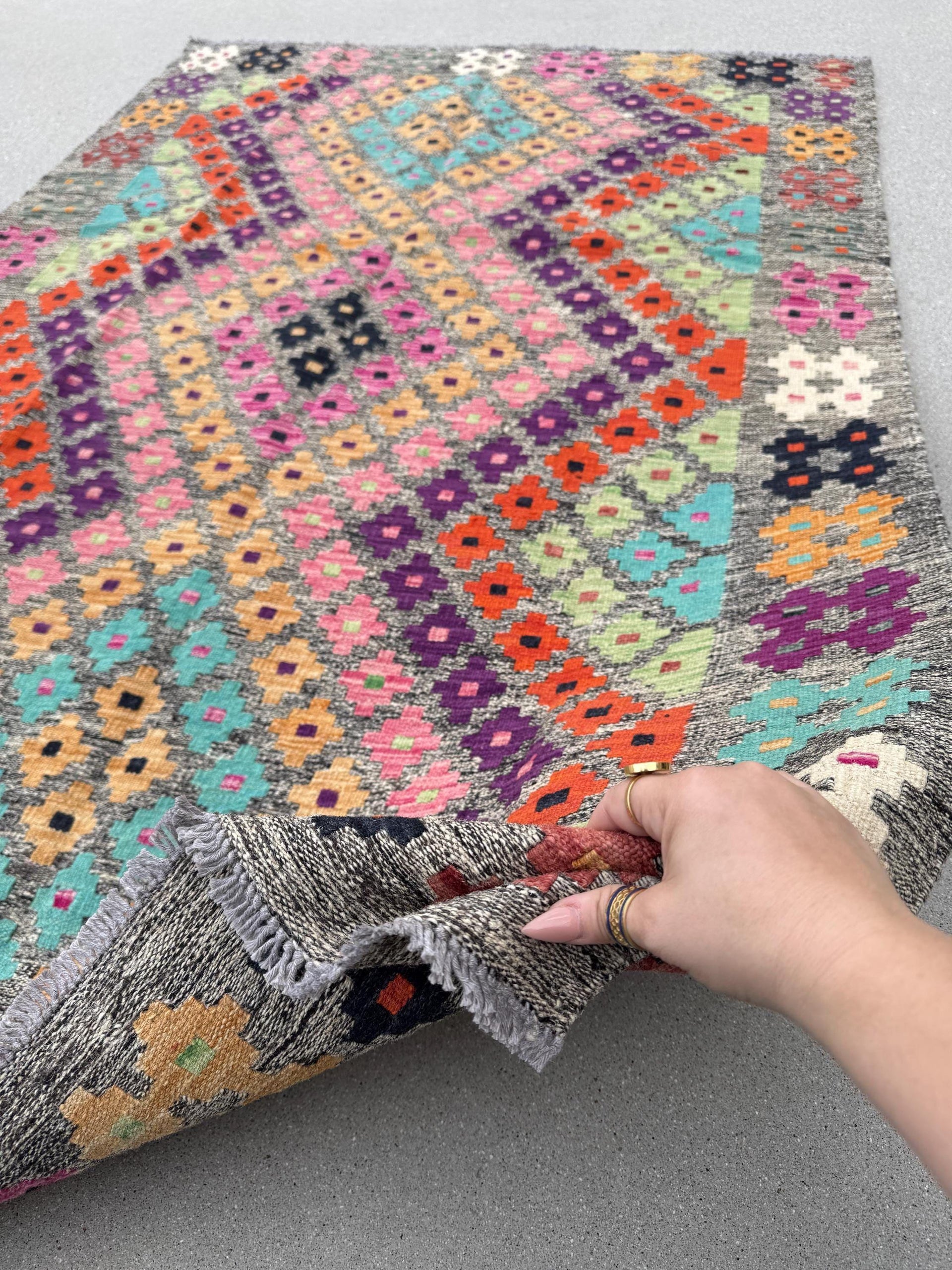 2x7 Handmade Afghan Kilim Runner Rug | Grey Taupe Cream Sage Lime Green Turquoise Blue Peach Pink Saffron Eggplant Purple Brick Red Black