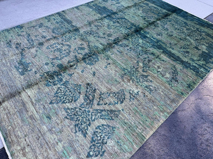 5-6x8 (167x243) Handmade Afghan Rug | Teal Denim Blue Mint Green Cream White Grey Gray | Wool Distressed Floral Persian Abstract Turkish