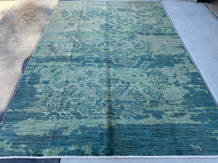 5-6x8 (167x243) Handmade Afghan Rug | Teal Denim Blue Mint Green Cream White Grey Gray | Wool Distressed Floral Persian Abstract Turkish