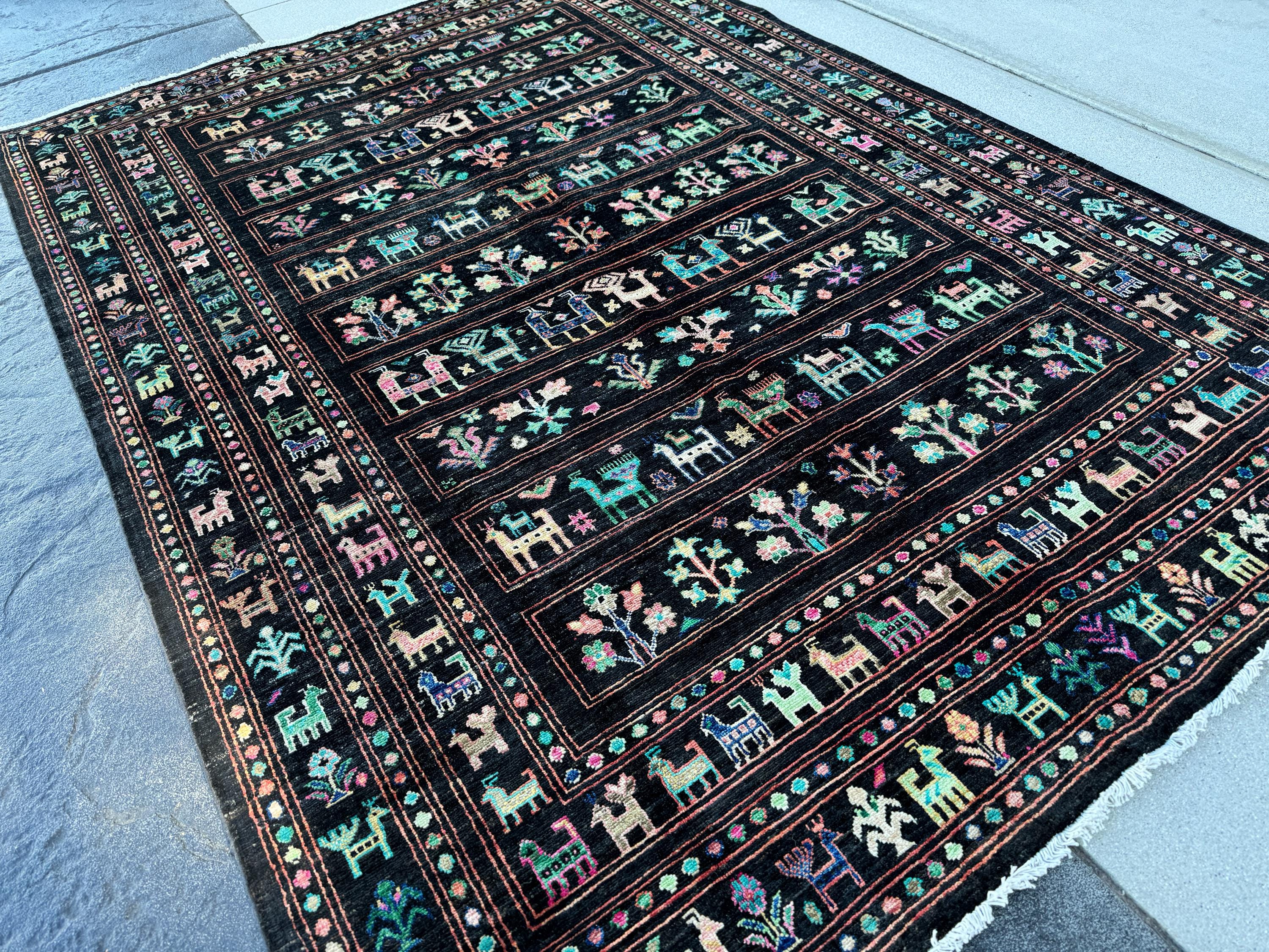 6x8 (182x243) Handmade Afghan Rug | Black Salmon Blush Baby Pink Forest Olive Lime Green Teal Aqua Turquoise Midnight Blue White Cream