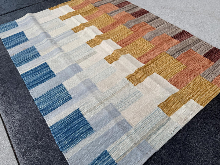 3x4 (109x144) Handmade Afghan Kilim Rug | Cream Ivory Royal Powder Blue Mustard Yellow Saffron Gold Peach Burnt Orange Mocha Chocolate Brown