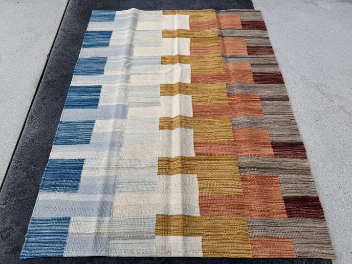 3x4 (109x144) Handmade Afghan Kilim Rug | Cream Ivory Royal Powder Blue Mustard Yellow Saffron Gold Peach Burnt Orange Mocha Chocolate Brown