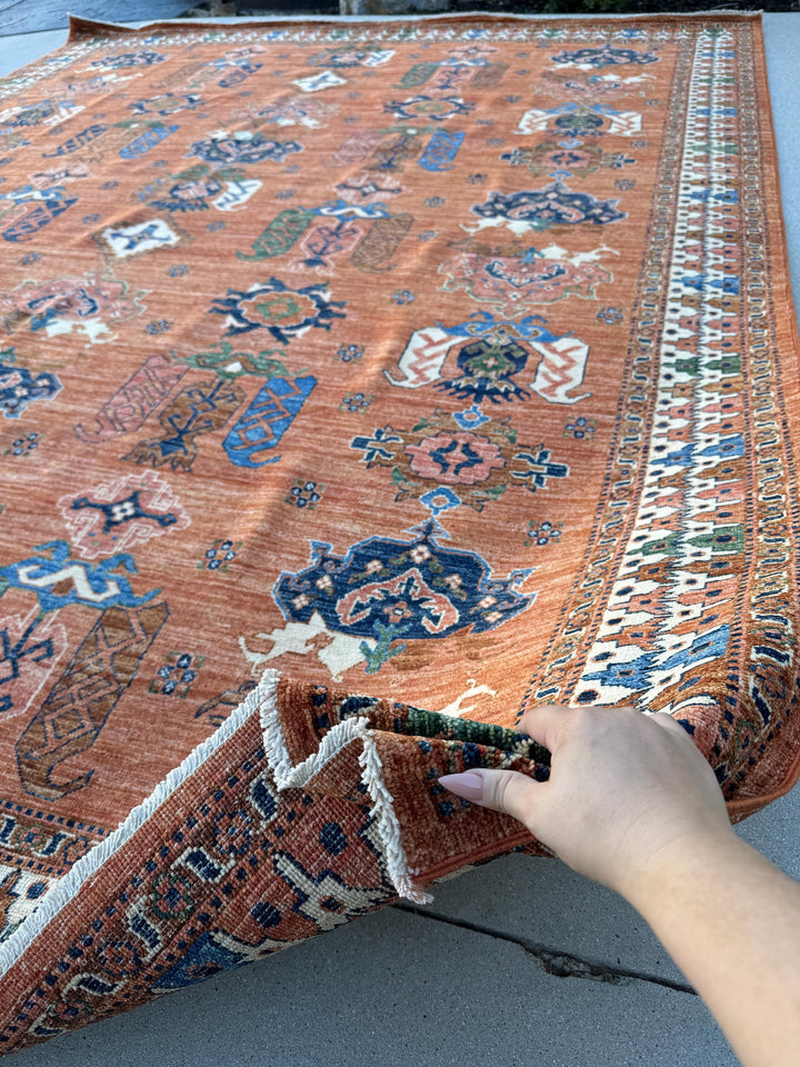 8x10 (243x304) Handmade Afghan Rug | Burnt Coral Terracotta Orange Rust Brick Red Midnight Denim Blue Coffee Mocha Brown Forest Green | Wool