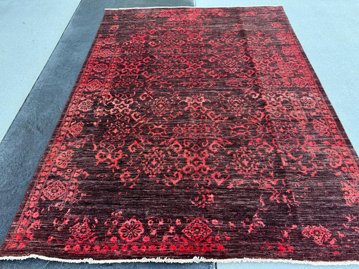 6x8 (182x213) Handmade Afghan Rug | Burgundy Maroon Wine Red Fuchsia Baby Blush Pink | Wool Floral Persian Traditional Turkish Distressed