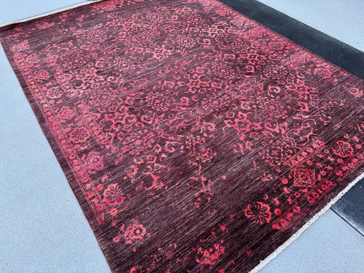 6x8 (182x213) Handmade Afghan Rug | Burgundy Maroon Wine Red Fuchsia Baby Blush Pink | Wool Floral Persian Traditional Turkish Distressed