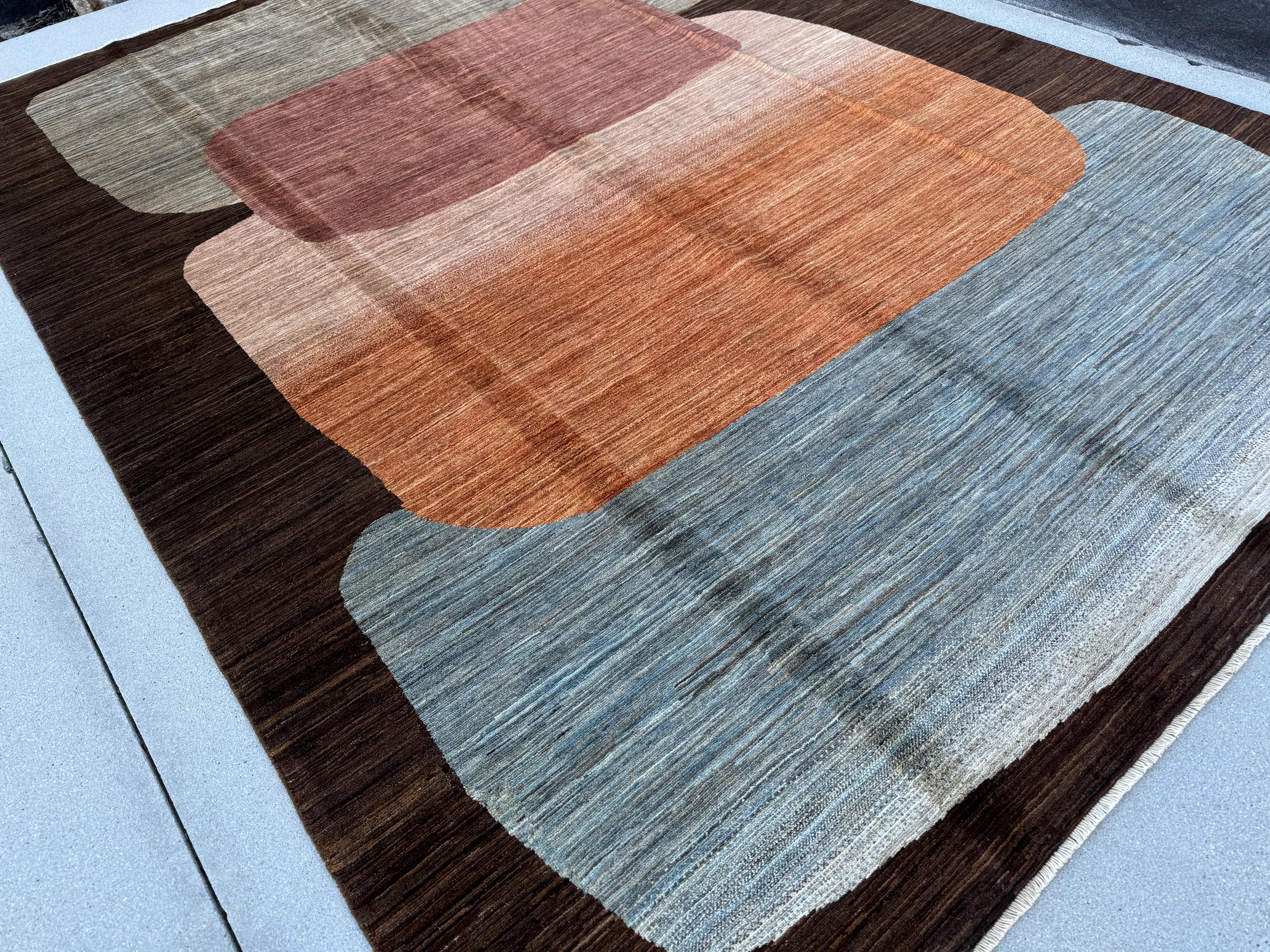 7x10 (218x309) Handmade Afghan Rug | Mocha Brown Taupe Beige Ivory Steel Grey Royal Light Powder Blue Burnt Orange Peach Brick Garnet Maroon