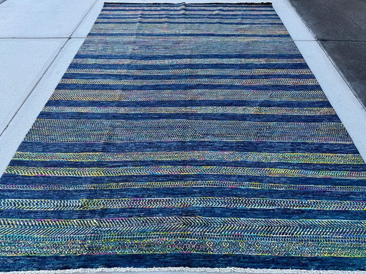 7x10 (213x304) Handmade Afghan Rug | Navy Midnight Aqua Denim Sky Blue White Cream Fuchsia Magenta Pink Yellow Mustard Gold Pine Green Wool