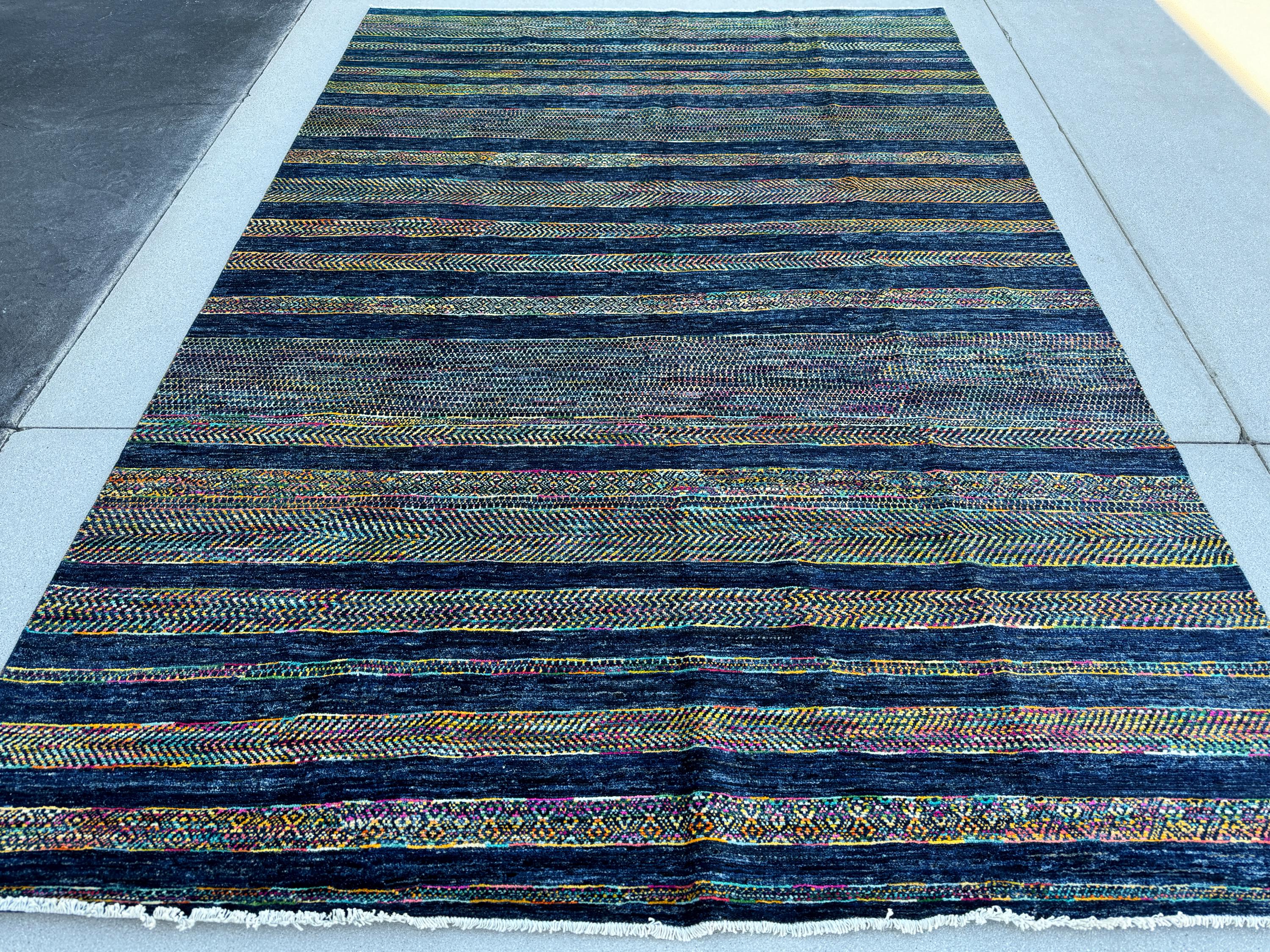 7x10 (213x304) Handmade Afghan Rug | Navy Midnight Aqua Denim Sky Blue White Cream Fuchsia Magenta Pink Yellow Mustard Gold Pine Green Wool