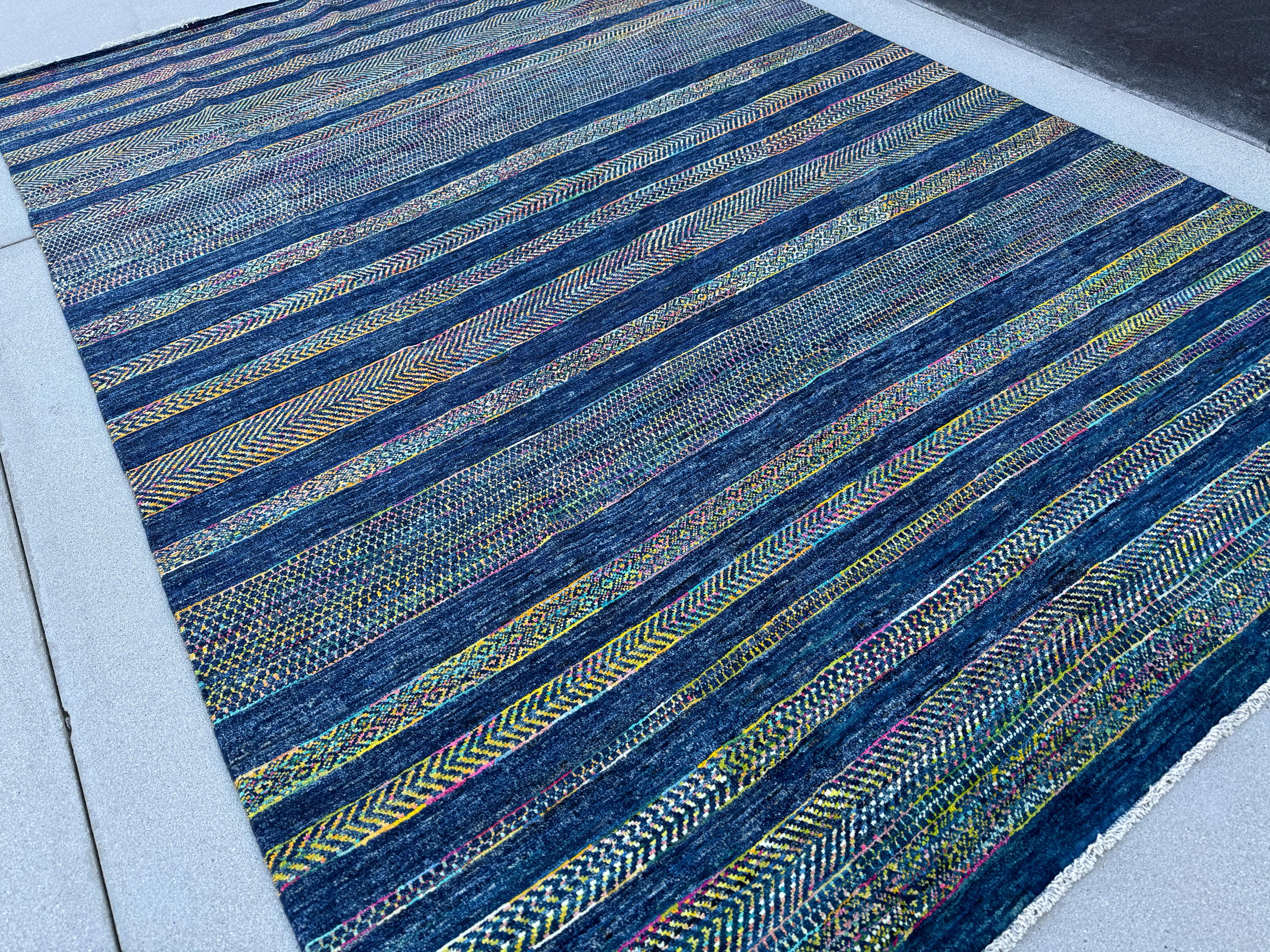 7x10 (213x304) Handmade Afghan Rug | Navy Midnight Aqua Denim Sky Blue White Cream Fuchsia Magenta Pink Yellow Mustard Gold Pine Green Wool