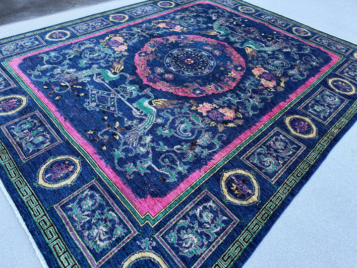 8x10 (243x304) Handmade Afghan Rug | Navy Midnight Prussian Denim Blue Pine Forest Green Teal Fuchsia Cream Gold Yellow Tan Brown Purple