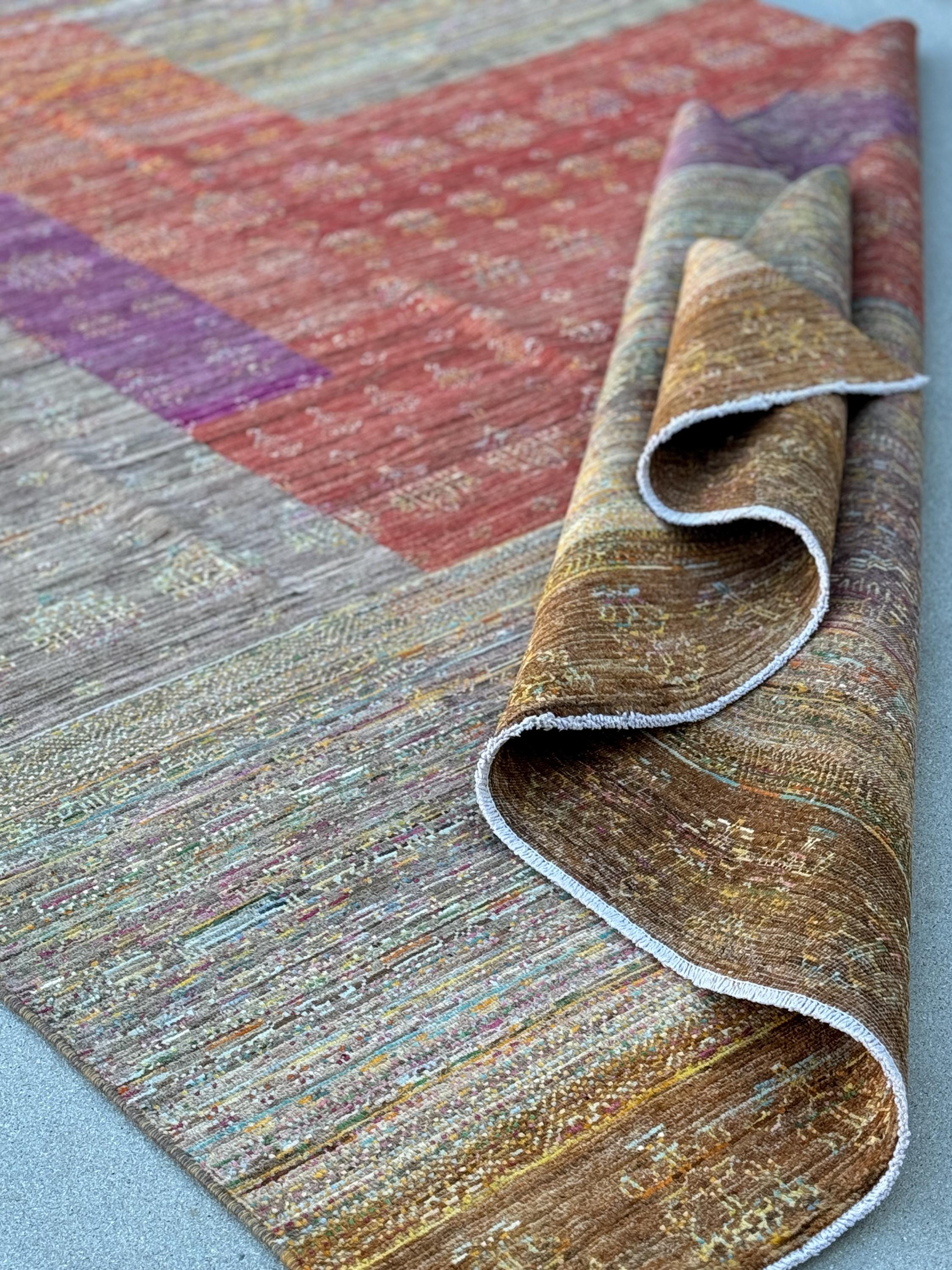 6-7x10 (213x304) Handmade Afghan Rug | Caramel Tan Coffee Sand Brown Cream Aqua Blue Rust Red Eggplant Purple Blush Pink Peach Orange | Wool