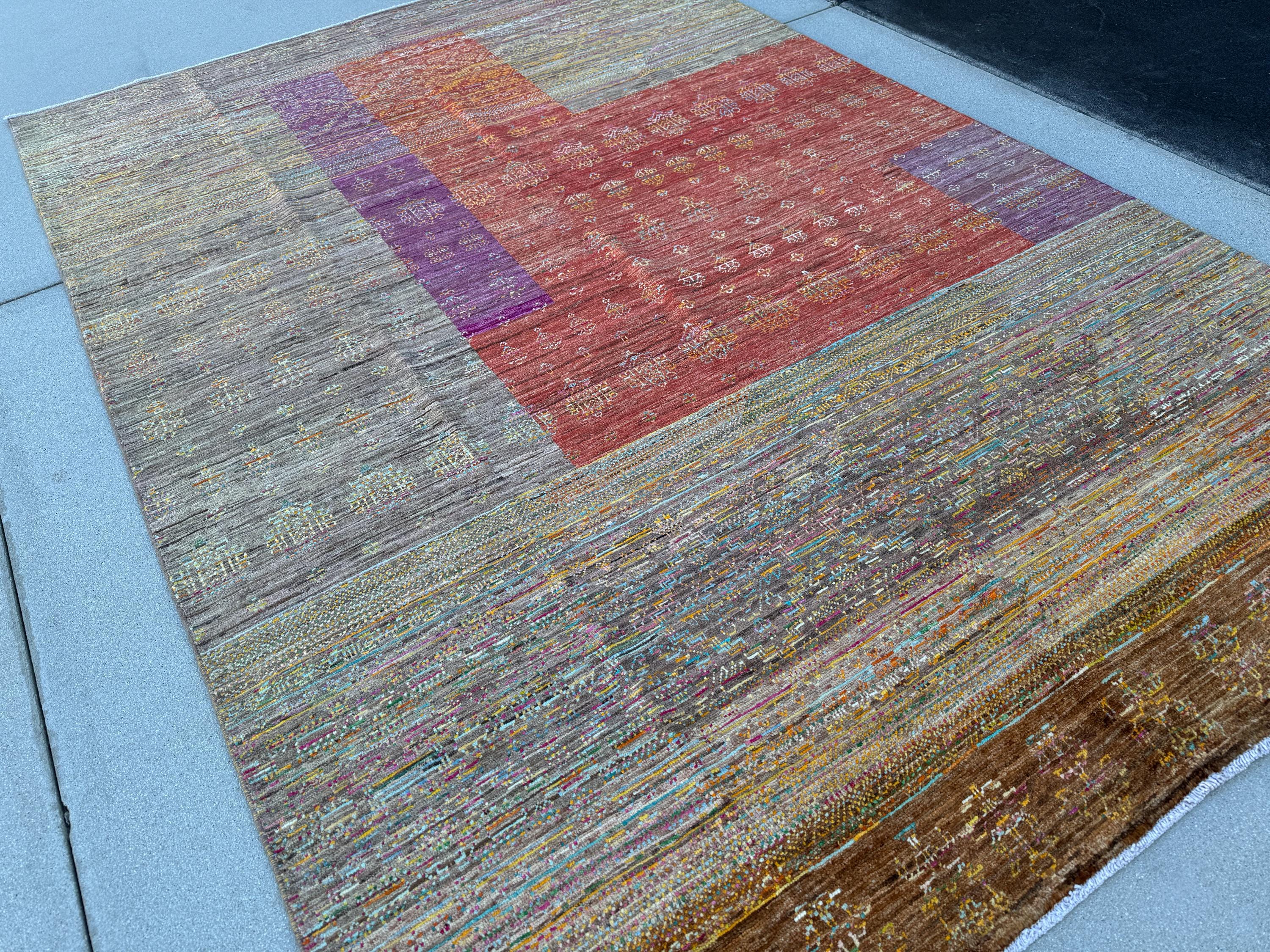 6-7x10 (213x304) Handmade Afghan Rug | Caramel Tan Coffee Sand Brown Cream Aqua Blue Rust Red Eggplant Purple Blush Pink Peach Orange | Wool