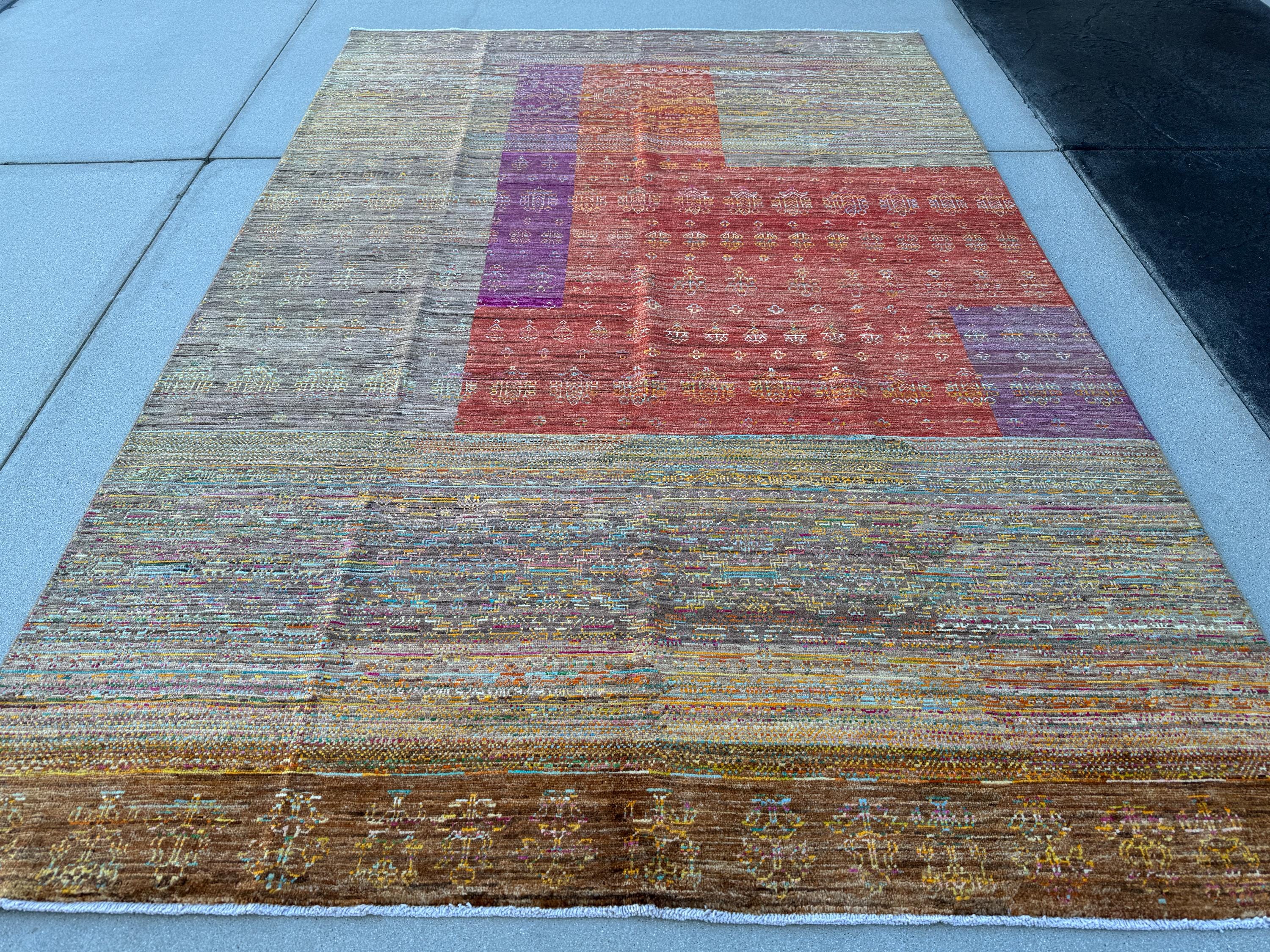 6-7x10 (213x304) Handmade Afghan Rug | Caramel Tan Coffee Sand Brown Cream Aqua Blue Rust Red Eggplant Purple Blush Pink Peach Orange | Wool