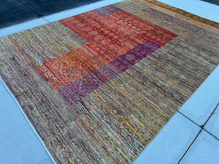 6-7x10 (213x304) Handmade Afghan Rug | Caramel Tan Coffee Sand Brown Cream Aqua Blue Rust Red Eggplant Purple Blush Pink Peach Orange | Wool