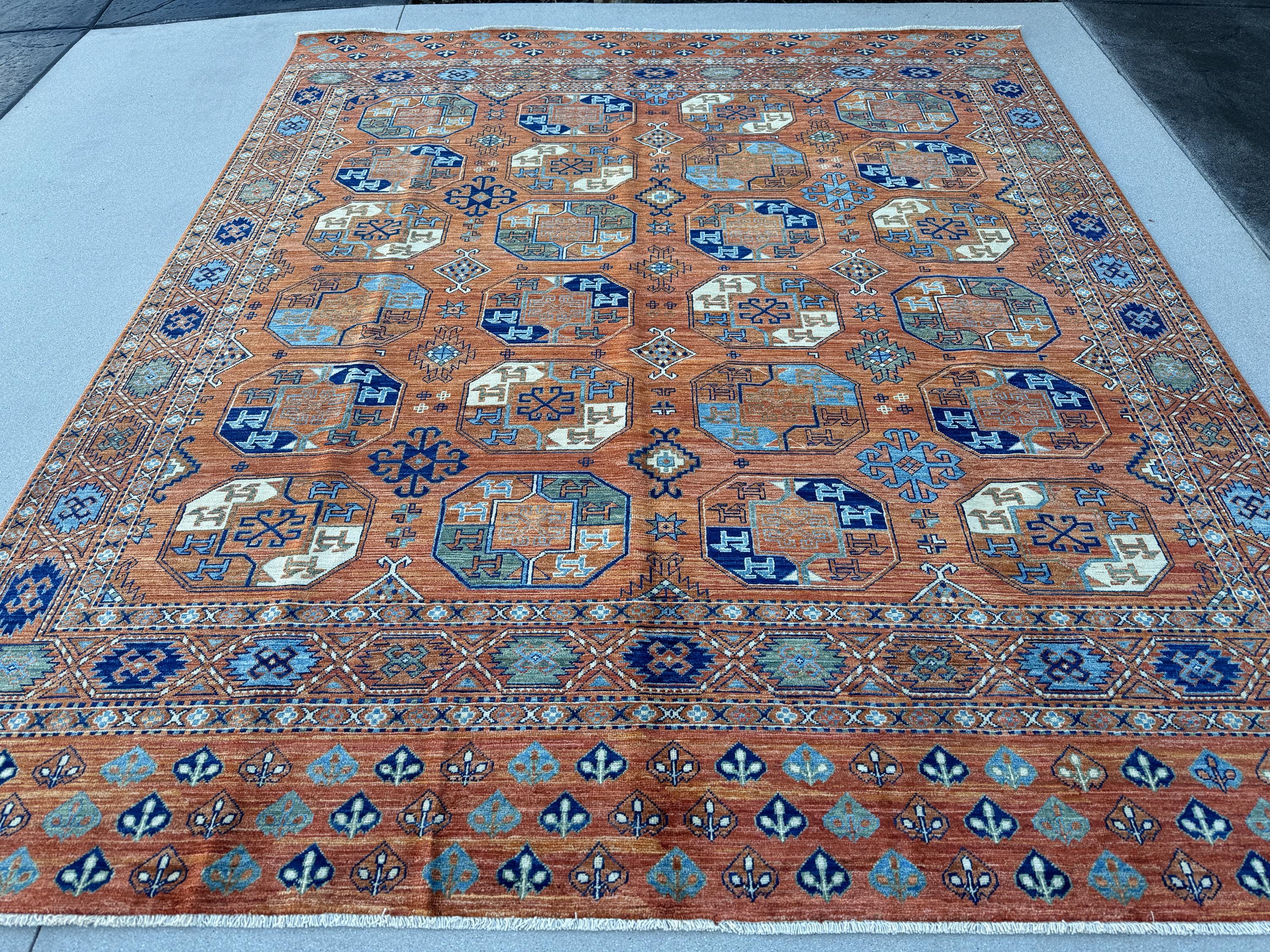 8x10 (243x304) Handmade Afghan Rug | Peach Burnt Orange Midnight Navy Denim Blue Caramel Tan Brown Cream White Ivory Moss Green | Wool