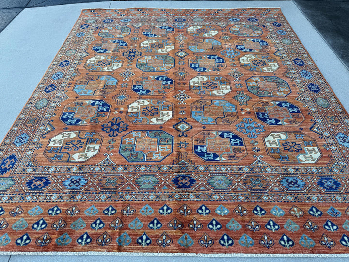 8x10 (243x304) Handmade Afghan Rug | Peach Burnt Orange Midnight Navy Denim Blue Caramel Tan Brown Cream White Ivory Moss Green | Wool