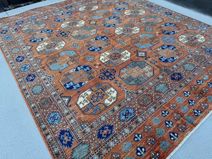 8x10 (243x304) Handmade Afghan Rug | Peach Burnt Orange Midnight Navy Denim Blue Caramel Tan Brown Cream White Ivory Moss Green | Wool