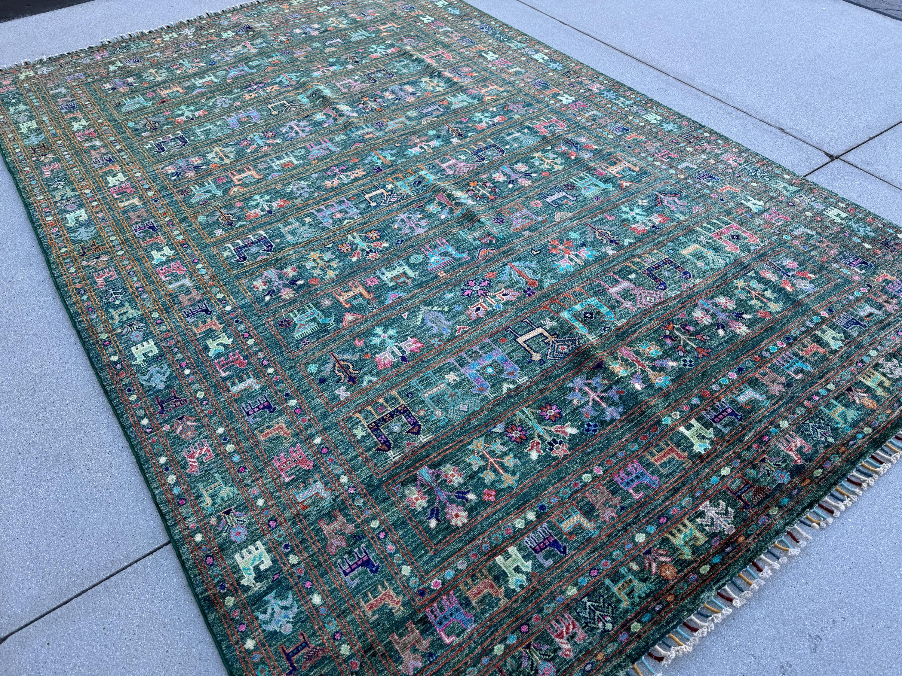 6-7x10 (198x304) Handmade Afghan Rug | Forest Sage Lime Green Peach Saffron Orange Navy Midnight Sky Denim Blue Fuchsia Blush Pink Purple