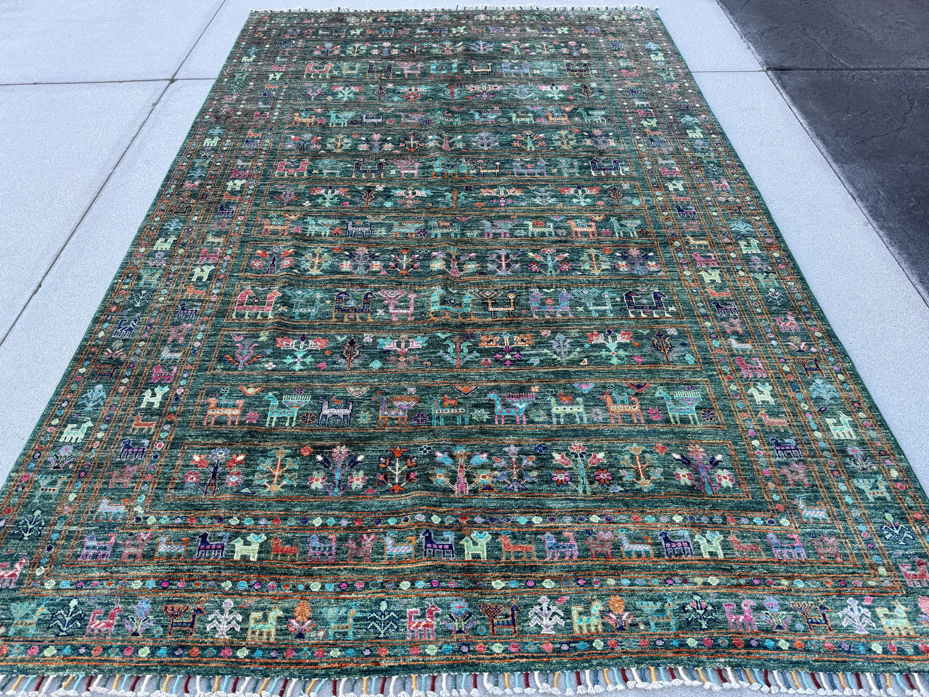 6-7x10 (198x304) Handmade Afghan Rug | Forest Sage Lime Green Peach Saffron Orange Navy Midnight Sky Denim Blue Fuchsia Blush Pink Purple