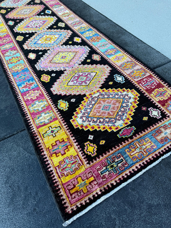 3x10 (91x304) Handmade Afghan Runner Rug | Black Ivory White Yellow Peach Saffron Orange Fuchsia Salmon Pink Denim Aqua Blue Turquoise Red