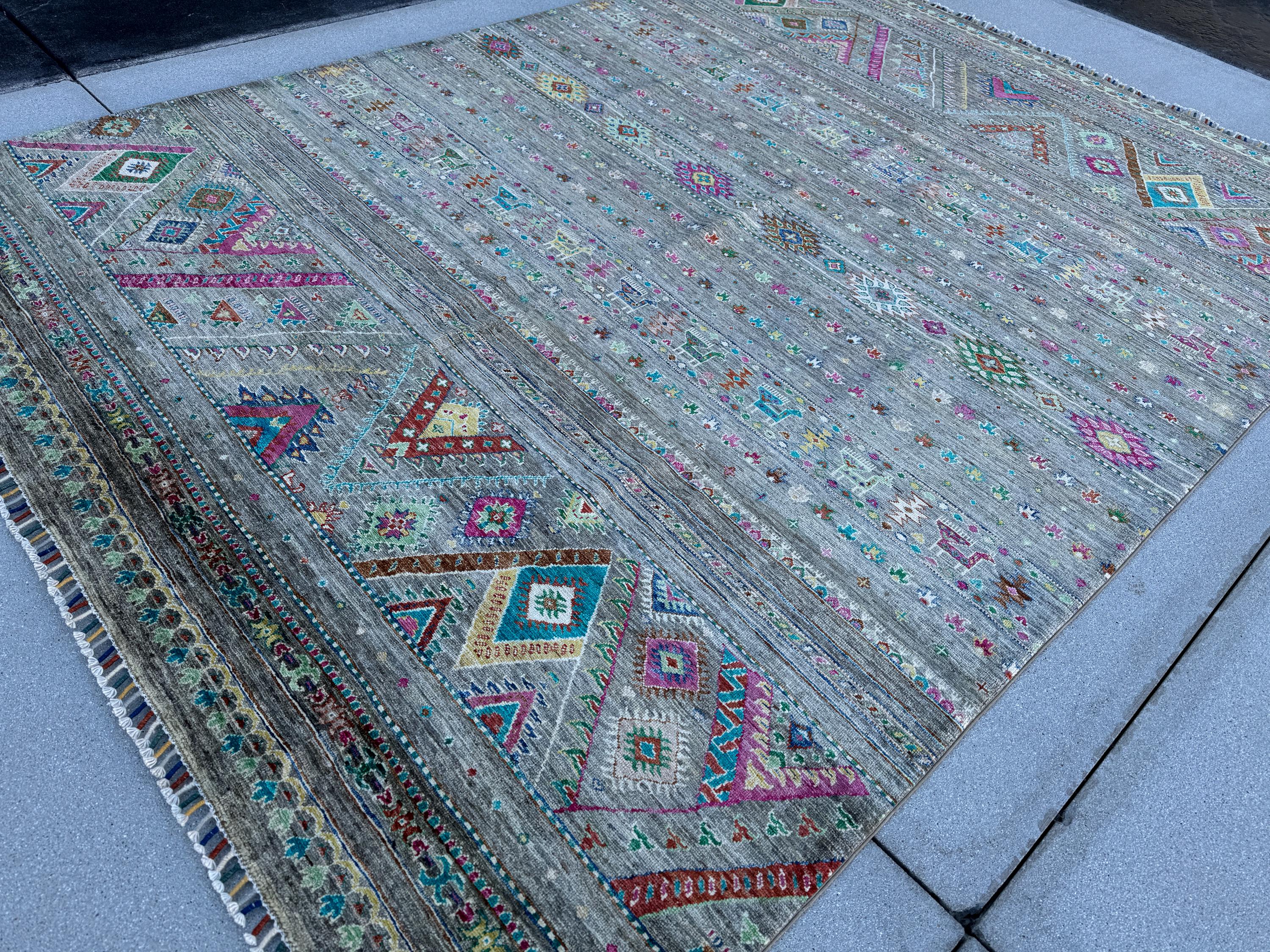 7x10 (213x304) Handmade Afghan Rug | Grey Gray Taupe Mocha Caramel Brown Mustard Fuchsia Pink Teal Cream Rust Red Lime Forest Green Purple