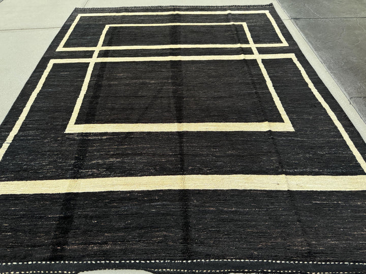 8x10 Handmade Afghan Kilim Rug | Black Charcoal Cornsilk Saffron Yellow Gold | Flatweave Flatwoven Luxury Wool Quality Modern