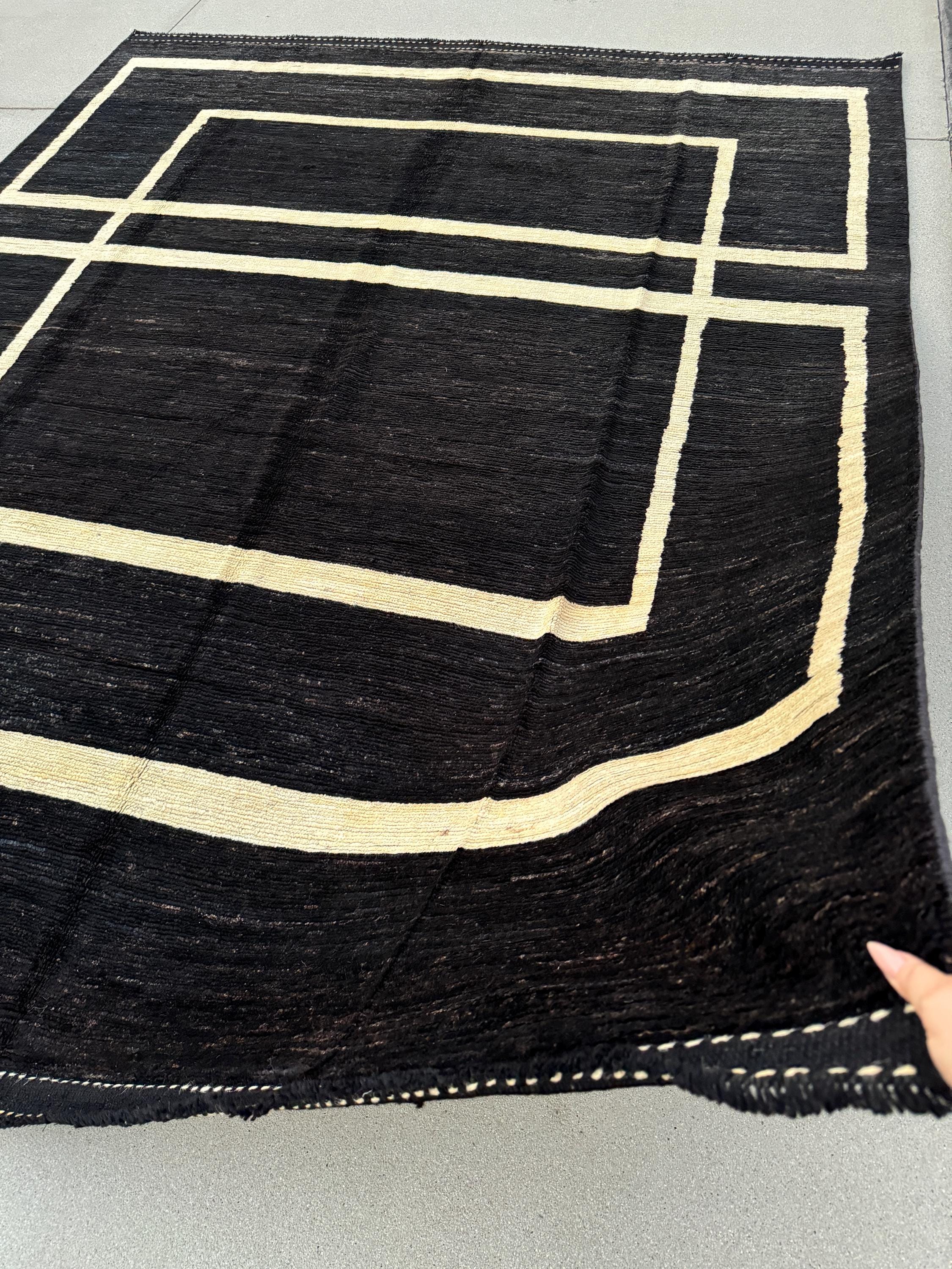 8x10 Handmade Afghan Kilim Rug | Black Charcoal Cornsilk Saffron Yellow Gold | Flatweave Flatwoven Luxury Wool Quality Modern