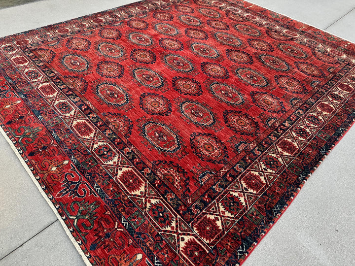 10x13 (305x396) Hand Knotted Afghan Rug | Garnet Cherry Crimson Red Cream White Forest Green Orange Navy Midnight Blue | Wool Gul Turkman